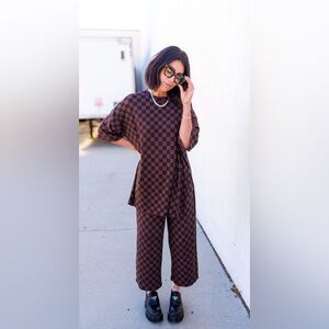Dressed in LALA Brown Checkered Pantsuit